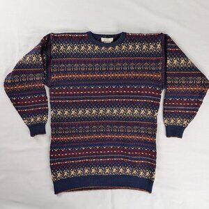 VTG Blue Maroon Gold Metallic Chunky Knit Fair Isle Stars Wool Long Knit Sweater